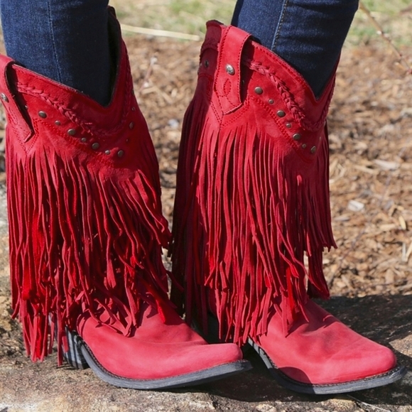 LIBERTY BLACK LB71124 Vegas Tiered Fringe  Rojo Red snip toe cowgirl boo… - Picture 2 of 16
